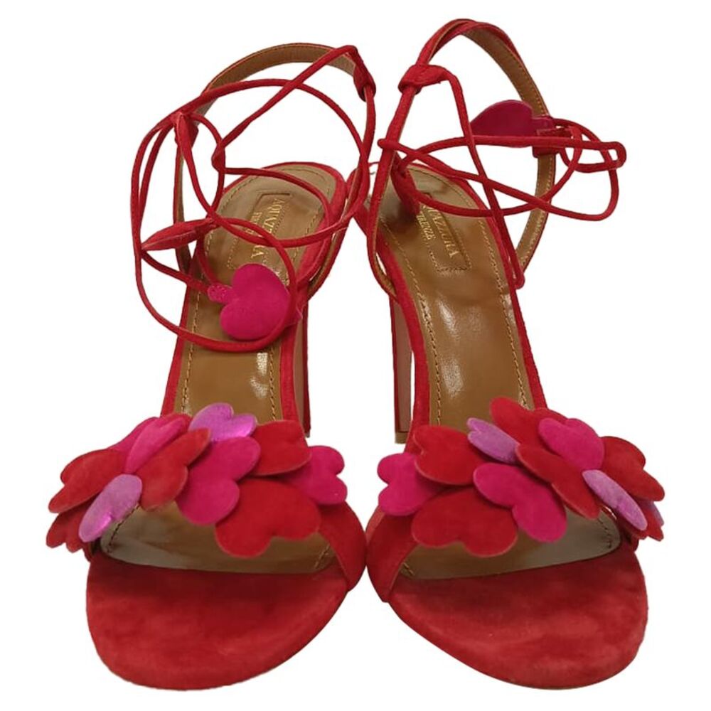 Aquazzura Happy Hearts Strappy Sandals in Red Suede - Picture 2 of 12